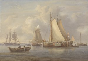 荷兰渔船停泊在河口，1850-60（wc刮刮，纸上胶） 作者 威廉·乔伊